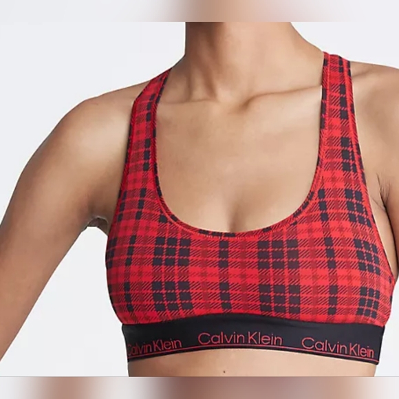 *Calvin Klein Woman's Icon Cotton Modal Unlined Bralette Red/Black Plaid Size XS - Picture 1 of 12